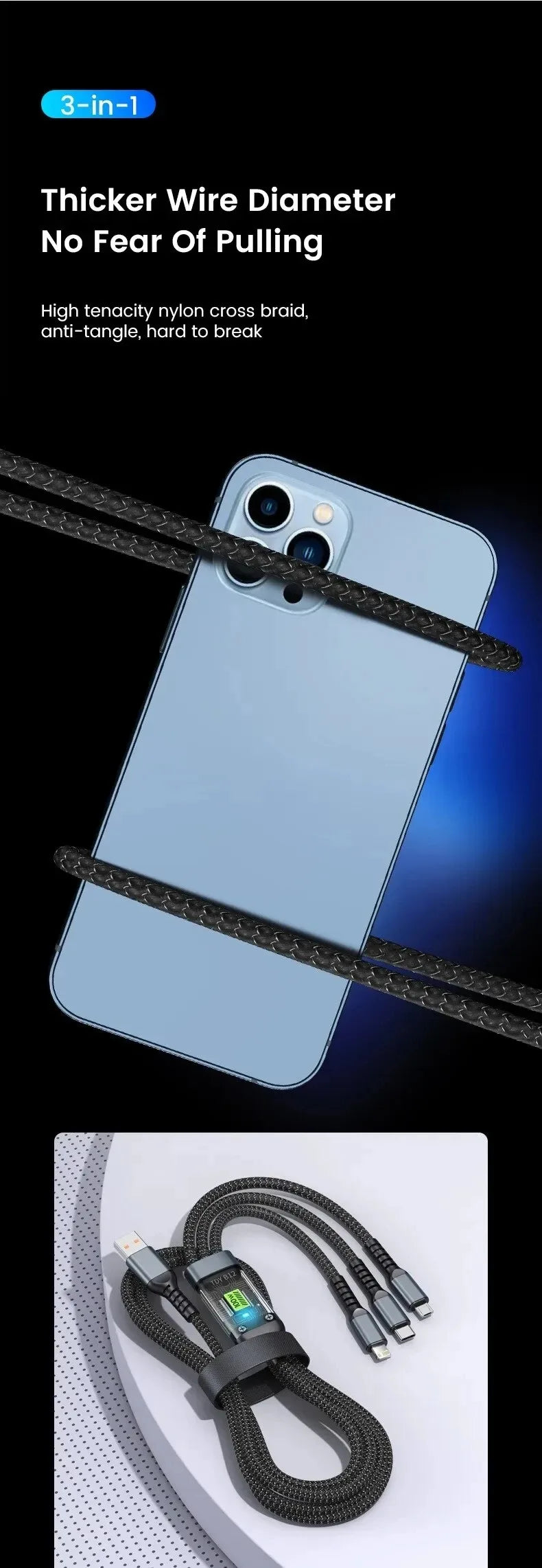 3 In 1 100w Transparent Fast Charging Cable Type C Usb Micro For Iphone Samsung Huawei Xiaomi Pilot Lamp Charger Usb C 6A