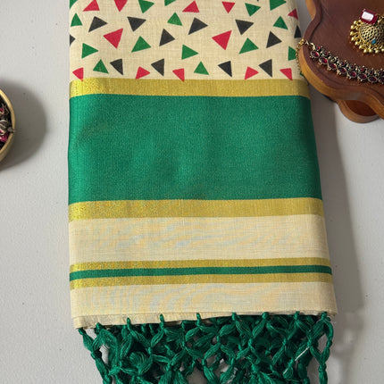 Traditional Kerala Cotton Onam Saree with Geometric Print & Green Kasavu Border S109