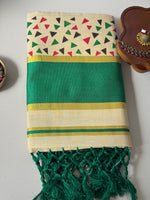 Traditional Kerala Cotton Onam Saree with Geometric Print & Green Kasavu Border S109