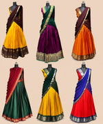 Mustard Yellow Silk Half Saree Lehenga Set | Dark Green Dupatta | Gold Zari Border | Unstitched Blouse | One Size | Made in Kerala