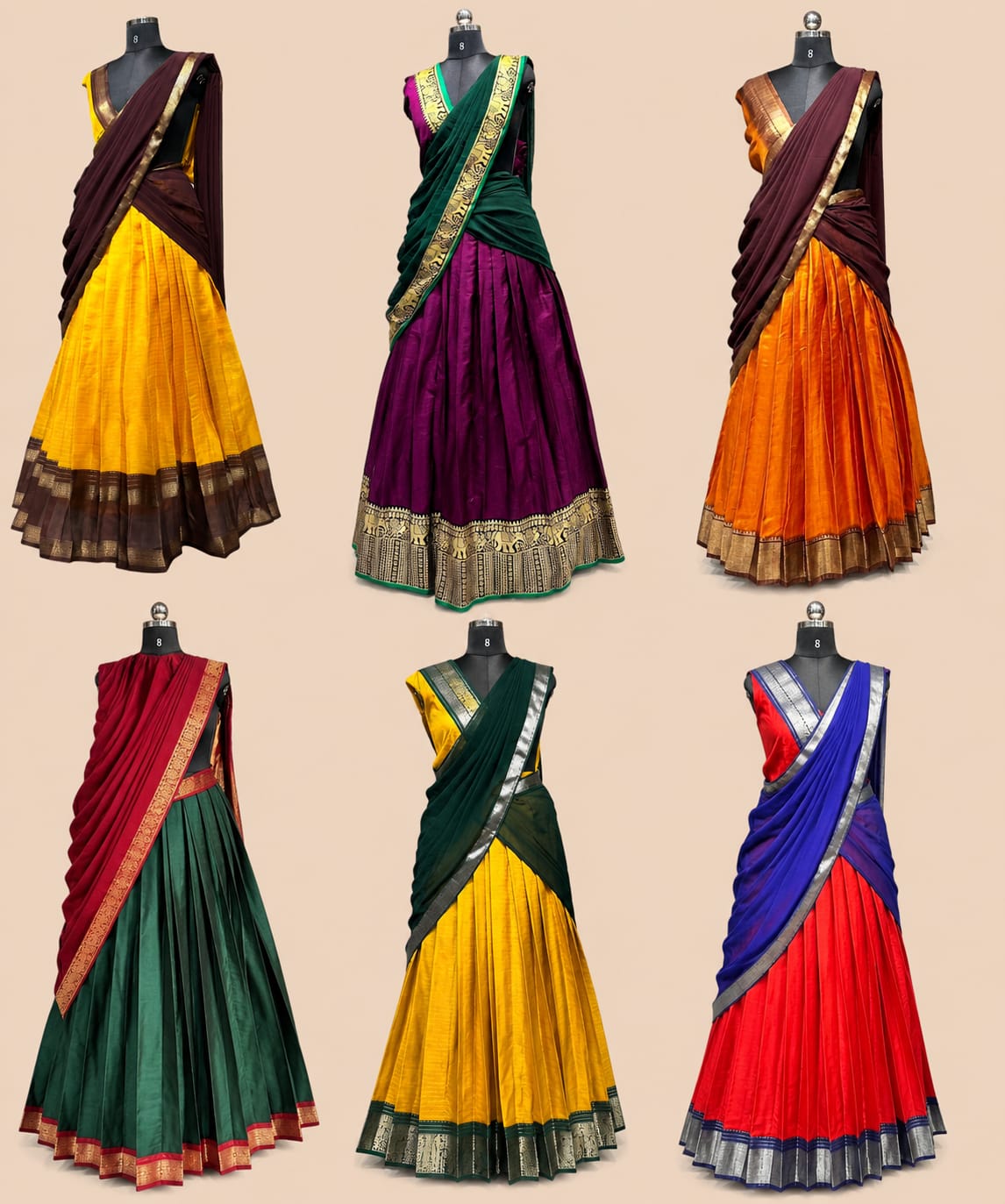 Mustard Yellow Silk Half Saree Lehenga Set | Dark Green Dupatta | Gold Zari Border | Unstitched Blouse | One Size | Made in Kerala