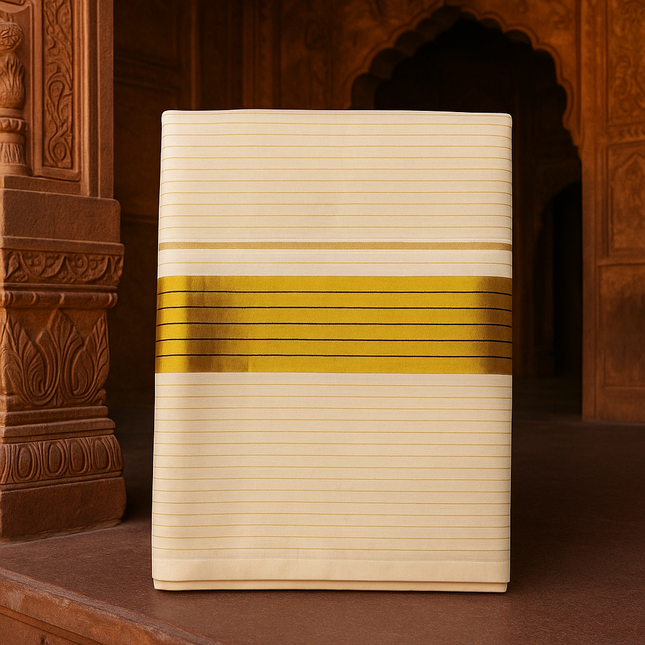 Elegant Kerala Onam Kasavu Saree with Golden  Stripes-Elegant Festive Wear S107