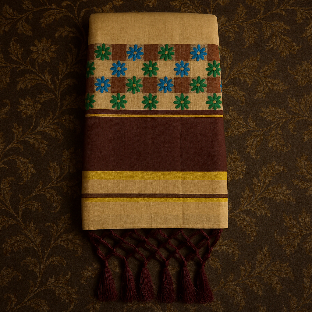 Kerala Cotton Saree with Burgundy Border & Floral Motifs – Traditional Onam Special S112