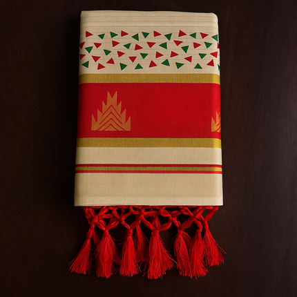 Kerala Cotton onam Saree with Red and Golden Kasavu Border & Traditional Triangle Motifs – Onam Special S117
