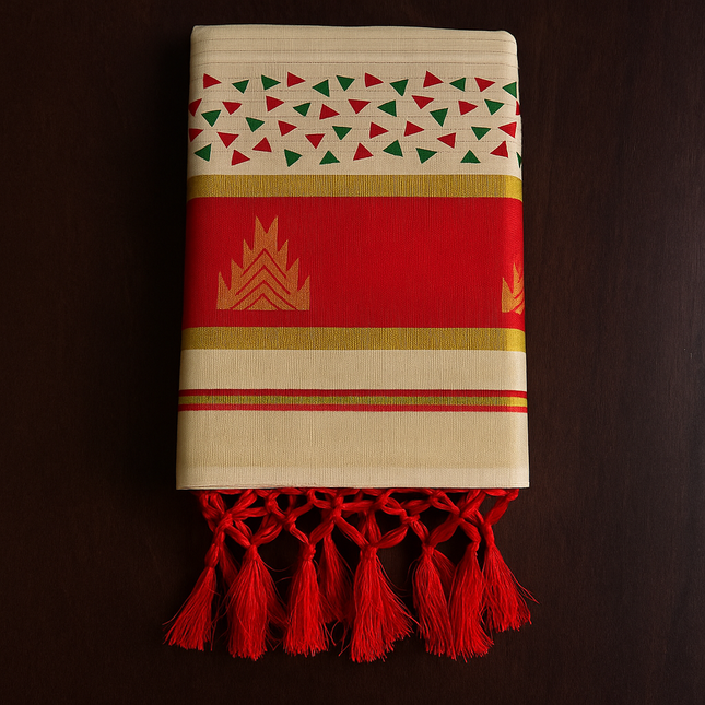 Kerala Cotton onam Saree with Red and Golden Kasavu Border & Traditional Triangle Motifs – Onam Special S117