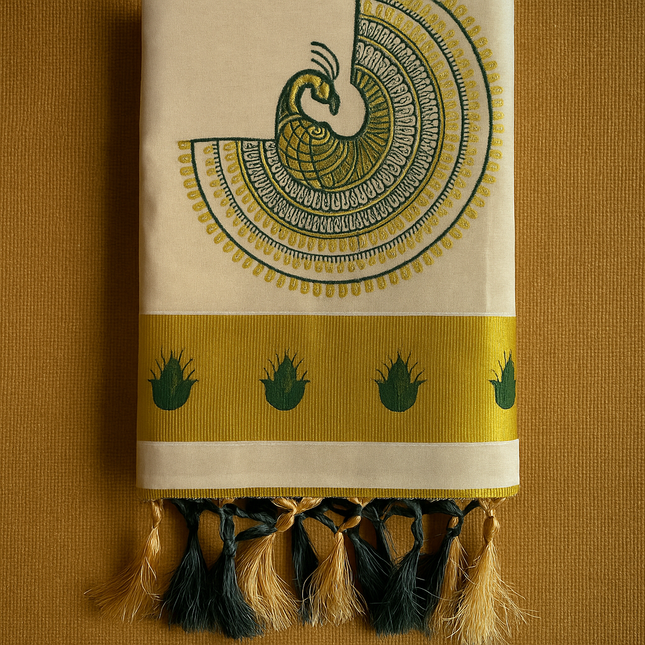 Traditional Kerala Kasavu Onam Saree with Golden Peacock Embroidery, Lotus Border & Tassels – 6.25 Meters S119