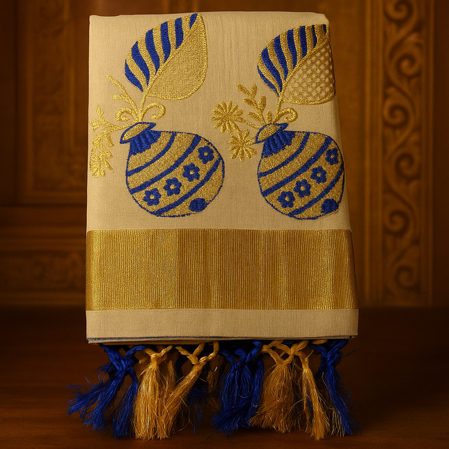 Kerala Kasavu Onam Saree with Blue & Gold Embroidery, Golden Zari Border and Tassels – Handloom Cotton Silk Saree 6.25 Meters with Blouse Piece S130