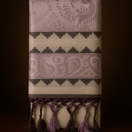 Kerala Kasavu Onam Saree with Lavender & Silver Woven Design, Patterned Border and Tassels – Handloom Cotton Silk Saree 6.25 Meters with Blouse Piece S136