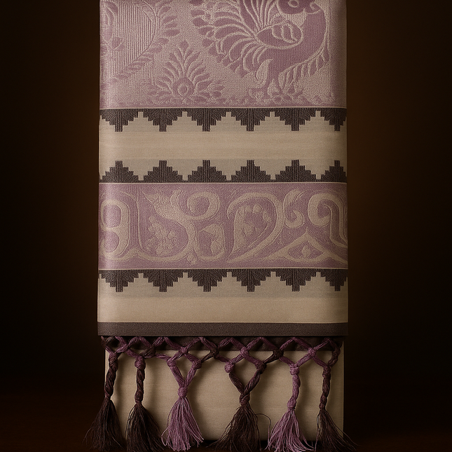 Kerala Kasavu Onam Saree with Lavender & Silver Woven Design, Patterned Border and Tassels – Handloom Cotton Silk Saree 6.25 Meters with Blouse Piece S136