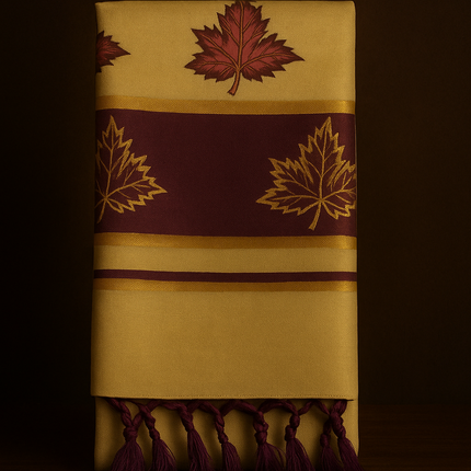 Kerala Kasavu Onam Saree with Maroon & Golden Leaf Motifs, Zari Border and Tassels – Handloom Cotton Silk Saree 6.25 Meters with Blouse Piece S138