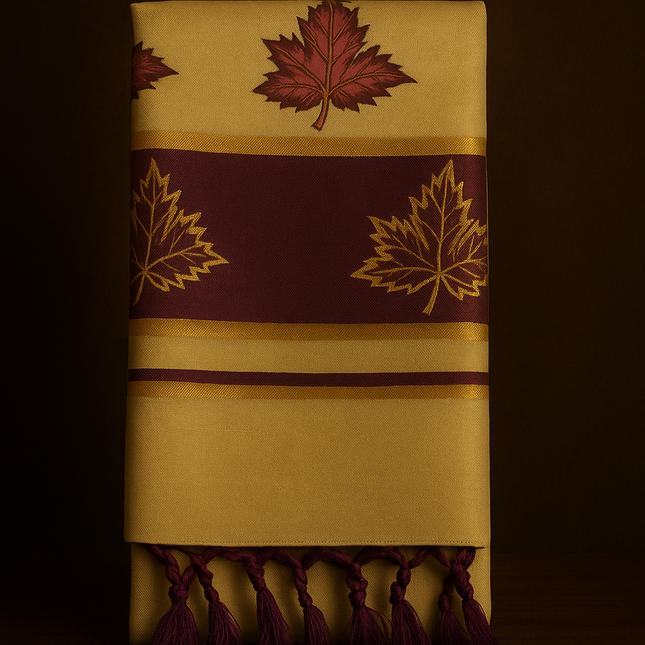 Kerala Kasavu Onam Saree with Maroon & Golden Leaf Motifs, Zari Border and Tassels – Handloom Cotton Silk Saree 6.25 Meters with Blouse Piece S138