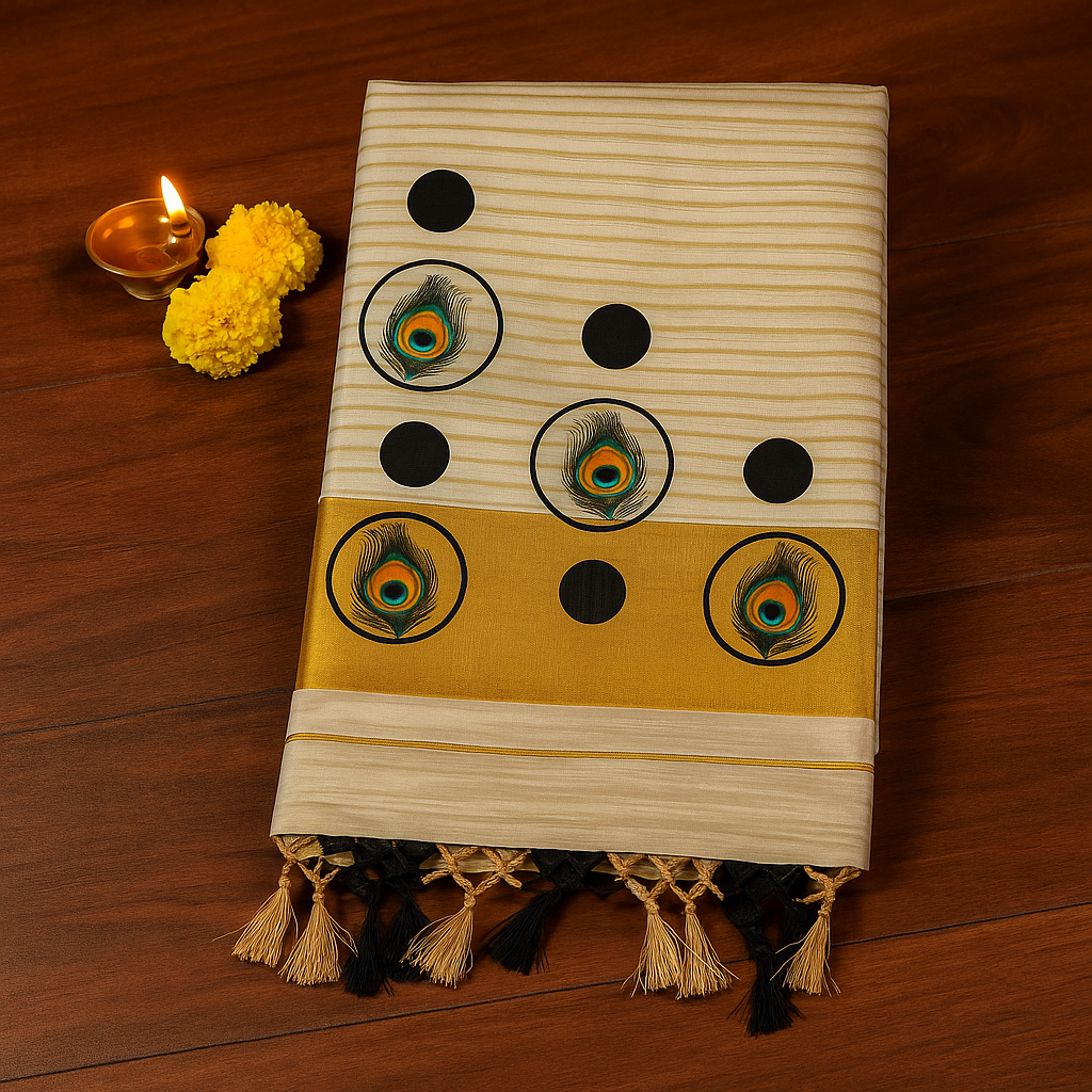 Kerala Kasavu Onam Saree with Peacock Feather Motif & Golden Border – Elegant Traditional Wear S100