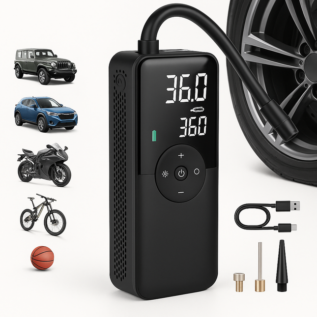 Portable Tire Inflator for Cars, Motorcycles & Bicycles – Compact Air Pump with Digital Display, Fast Inflation & Rear Storage Case