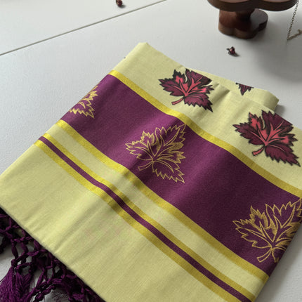 Kerala Kasavu Onam Saree with Maroon & Golden Leaf Motifs, Zari Border and Tassels – Handloom Cotton Silk Saree 6.25 Meters with Blouse Piece S138