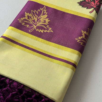 Kerala Kasavu Onam Saree with Maroon & Golden Leaf Motifs, Zari Border and Tassels – Handloom Cotton Silk Saree 6.25 Meters with Blouse Piece S138