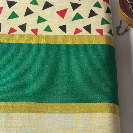 Traditional Kerala Cotton Onam Saree with Geometric Print & Green Kasavu Border S109