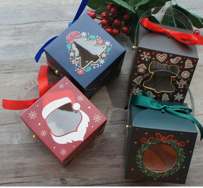 12pcs Christmas Paper Box with Window Handle Candy Box Soap Candle Cookie Candy Little Gift Packaging Party Favors Decor