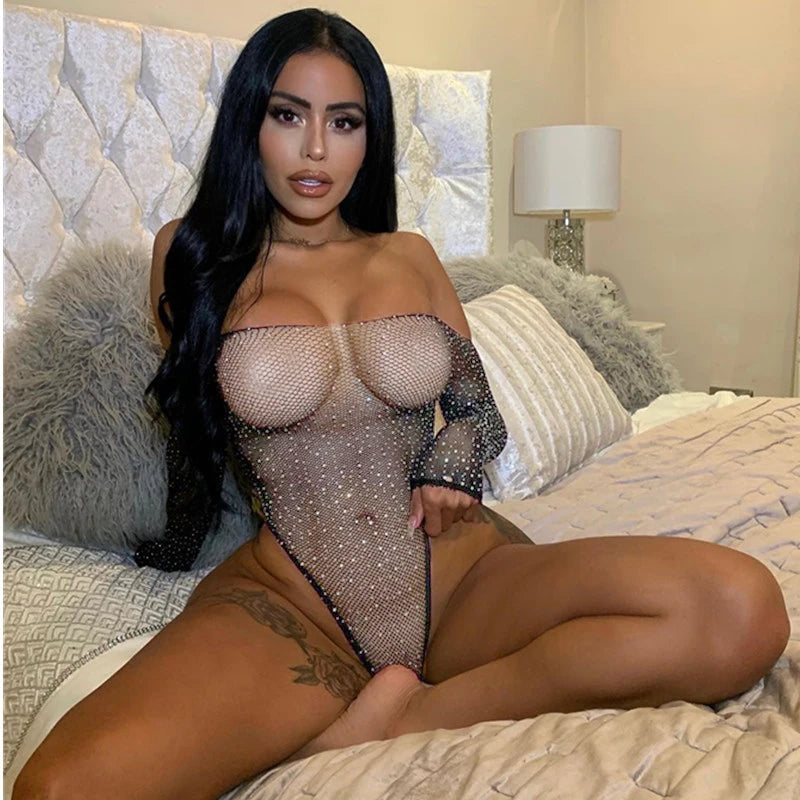 Plus Size Erotic Sexy Lingerie Bling Rhinestone Fishnet Bodysuit Transparent Sex Dress Women Mesh Tights Sexy Exotic Body Socks