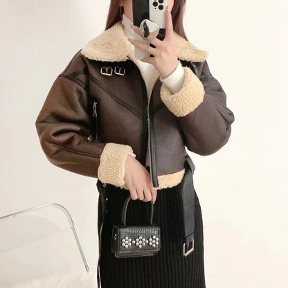 Ailegogo Winter Women Streetwear Faux Lamb Leather Fur Short Jacket with Belt Moto Biker Thick Warm Sheepskin Coat Outwear