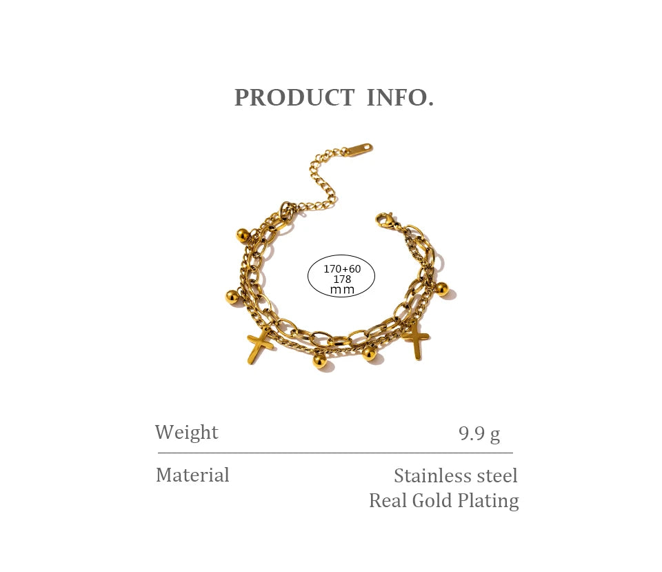 Yhpup Stainless Steel Cross Layered Bracelet for Women Charm Metal 14 K Plated Trendy Golden Wrist Unique Design Jewelry брелок