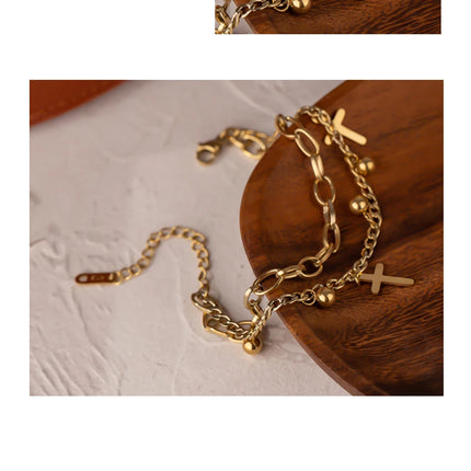 Yhpup Stainless Steel Cross Layered Bracelet for Women Charm Metal 14 K Plated Trendy Golden Wrist Unique Design Jewelry брелок