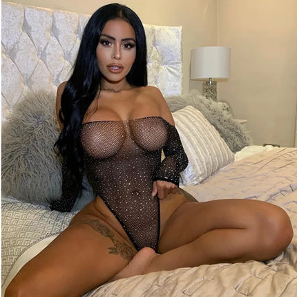 Plus Size Erotic Sexy Lingerie Bling Rhinestone Fishnet Bodysuit Transparent Sex Dress Women Mesh Tights Sexy Exotic Body Socks