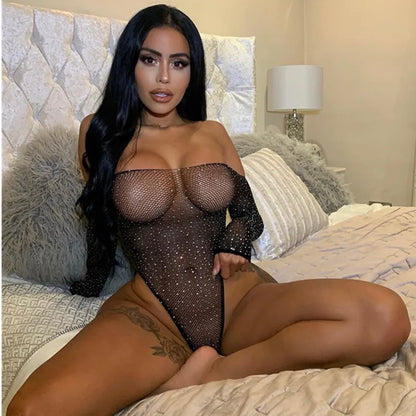 Plus Size Erotic Sexy Lingerie Bling Rhinestone Fishnet Bodysuit Transparent Sex Dress Women Mesh Tights Sexy Exotic Body Socks