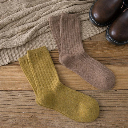 CHAOZHU Thicken Warm Merino Wool Classic Solid Colors Rib Socks Women High Quality Loose Crew Fashion Japanese Korea Sock Winter
