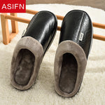Men's Big Size Winter Slippers Home PU Leather Shoes for Men Indoor Waterproof Fur Cotton Male Bedroom Slipper Flat Houseshoes