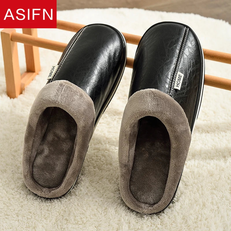 Men's Big Size Winter Slippers Home PU Leather Shoes for Men Indoor Waterproof Fur Cotton Male Bedroom Slipper Flat Houseshoes