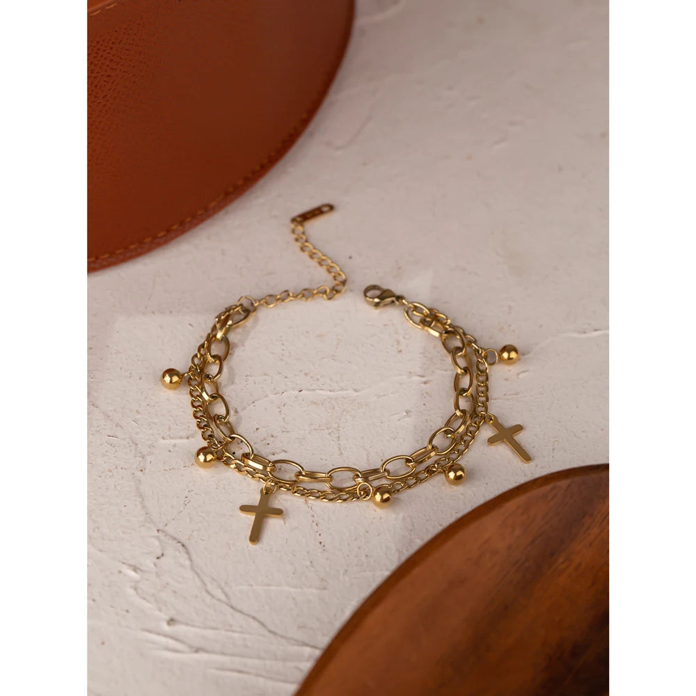 Yhpup Stainless Steel Cross Layered Bracelet for Women Charm Metal 14 K Plated Trendy Golden Wrist Unique Design Jewelry брелок