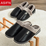 Men's Big Size Winter Slippers Home PU Leather Shoes for Men Indoor Waterproof Fur Cotton Male Bedroom Slipper Flat Houseshoes