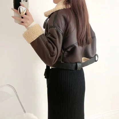 Ailegogo Winter Women Streetwear Faux Lamb Leather Fur Short Jacket with Belt Moto Biker Thick Warm Sheepskin Coat Outwear
