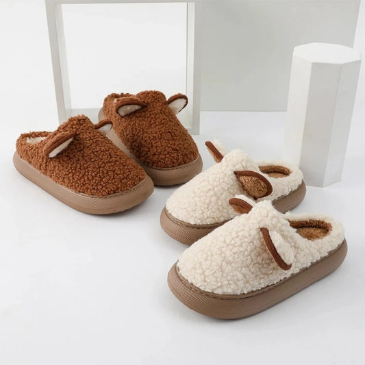 Women Warm Fluffy Slippers Thick Sole Home Lover Winter Shoes Cute Cartoon Ear Soft Plush Platform Female Male Indoor Slipper