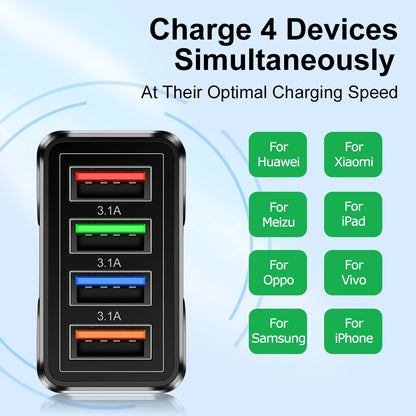 Fast 4 USB Charger Quick Charge 3.0 Fast USB Wall Charger Portable Mobile Charger QC 3.0 Adapter for Xiaomi iPhone X EU US Plug