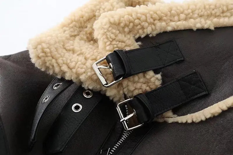 Ailegogo Winter Women Streetwear Faux Lamb Leather Fur Short Jacket with Belt Moto Biker Thick Warm Sheepskin Coat Outwear