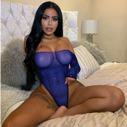 Plus Size Erotic Sexy Lingerie Bling Rhinestone Fishnet Bodysuit Transparent Sex Dress Women Mesh Tights Sexy Exotic Body Socks