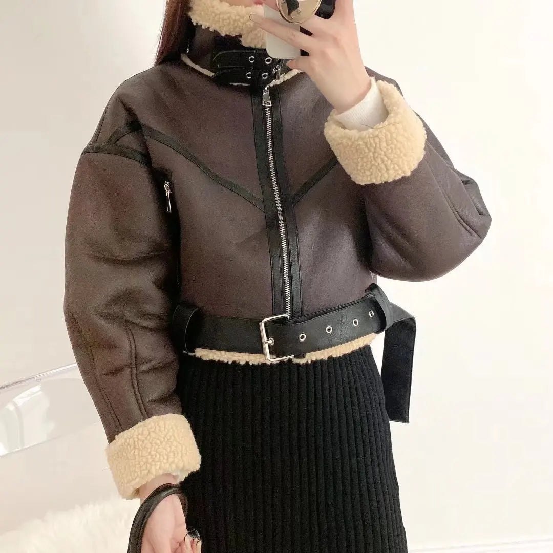 Ailegogo Winter Women Streetwear Faux Lamb Leather Fur Short Jacket with Belt Moto Biker Thick Warm Sheepskin Coat Outwear