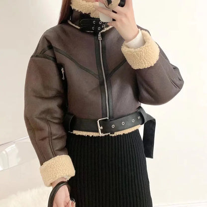 Ailegogo Winter Women Streetwear Faux Lamb Leather Fur Short Jacket with Belt Moto Biker Thick Warm Sheepskin Coat Outwear