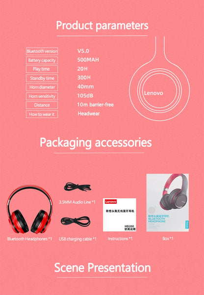 Lenovo HD200 Bluetooth Earphones Over-ear Foldable Computer Wireless Headphones Noise Cancellation HIFI Stereo Gaming Headset