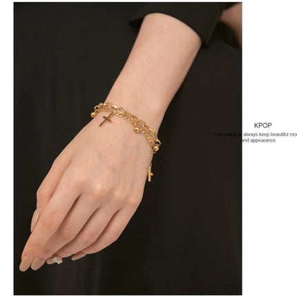 Yhpup Stainless Steel Cross Layered Bracelet for Women Charm Metal 14 K Plated Trendy Golden Wrist Unique Design Jewelry брелок