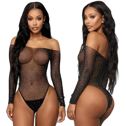 Plus Size Erotic Sexy Lingerie Bling Rhinestone Fishnet Bodysuit Transparent Sex Dress Women Mesh Tights Sexy Exotic Body Socks
