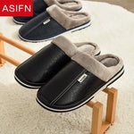 Men's Big Size Winter Slippers Home PU Leather Shoes for Men Indoor Waterproof Fur Cotton Male Bedroom Slipper Flat Houseshoes