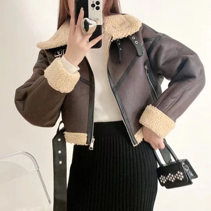 Ailegogo Winter Women Streetwear Faux Lamb Leather Fur Short Jacket with Belt Moto Biker Thick Warm Sheepskin Coat Outwear