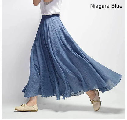 Women's Elegant High Waist Linen Maxi Skirt 2023 Summer Ladies Casual Elastic Waist 2 Layers Skirts saia feminina 20 Colors SK53