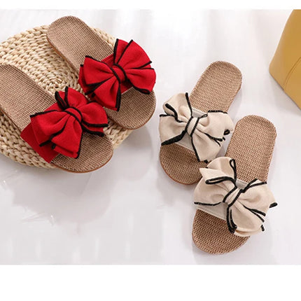 Mntrerm 2024 New Casual Sneakers For Home Slippers Summer Bow-knot Soft Floor Woman Indoor Flats Shoes Cute Linen Slipper Terlik