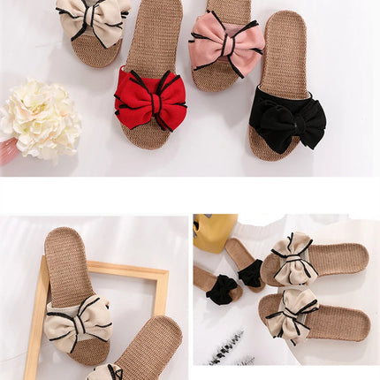 Mntrerm 2024 New Casual Sneakers For Home Slippers Summer Bow-knot Soft Floor Woman Indoor Flats Shoes Cute Linen Slipper Terlik