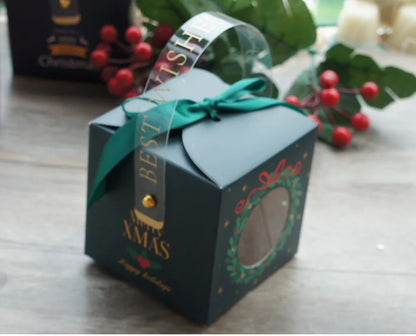 12pcs Christmas Paper Box with Window Handle Candy Box Soap Candle Cookie Candy Little Gift Packaging Party Favors Decor