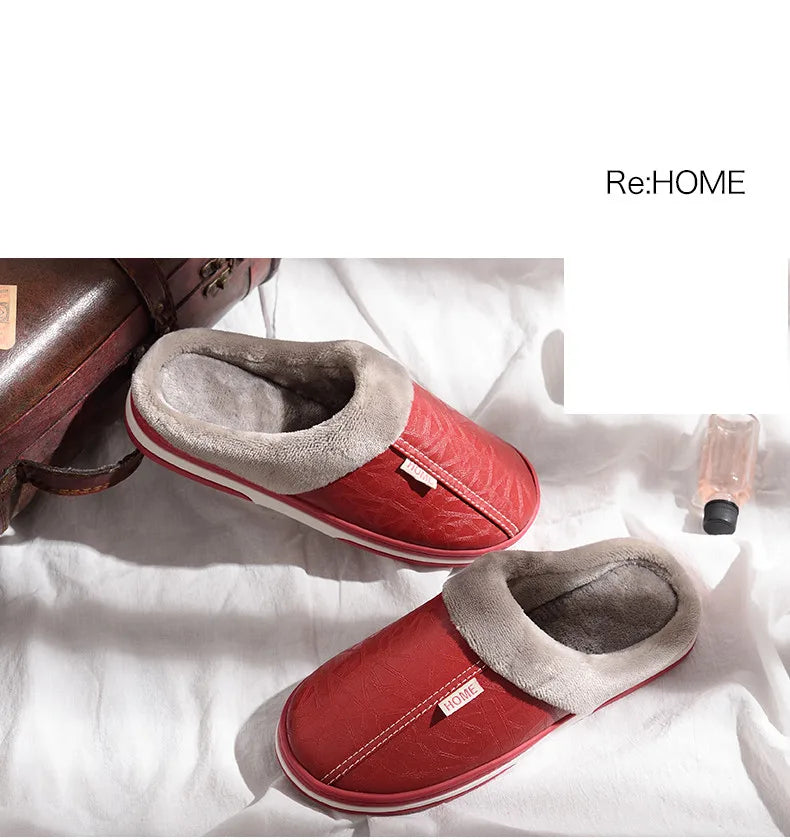 Men's Big Size Winter Slippers Home PU Leather Shoes for Men Indoor Waterproof Fur Cotton Male Bedroom Slipper Flat Houseshoes