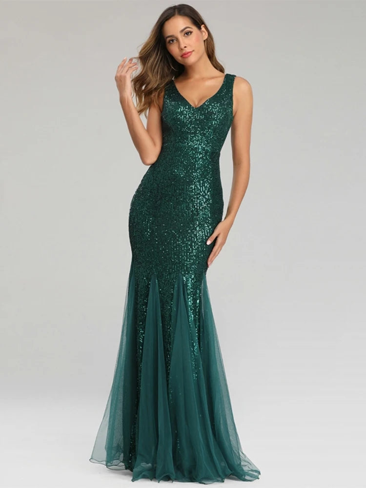 V-Neck Mermaid Dress with Shawl, Long Formal Prom Party Gown, Sequins Sleeveless, Sexy Evening Dress, Plus Size